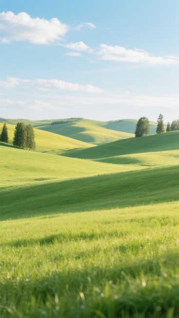 一片广阔无垠的青翠草原，嫩绿的草叶在阳光的照耀下泛着柔和的光泽，远处是连绵起伏的黄绿色丘陵，点缀着几棵高大的树木，天空中飘浮着稀疏的白云，整体画面呈现出一种清新自然、宁静祥和的氛围。预览效果
