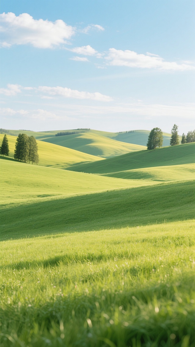 一片广阔无垠的青翠草原，嫩绿的草叶在阳光的照耀下泛着柔和的光泽，远处是连绵起伏的黄绿色丘陵，点缀着几棵高大的树木，天空中飘浮着稀疏的白云，整体画面呈现出一种清新自然、宁静祥和的氛围。