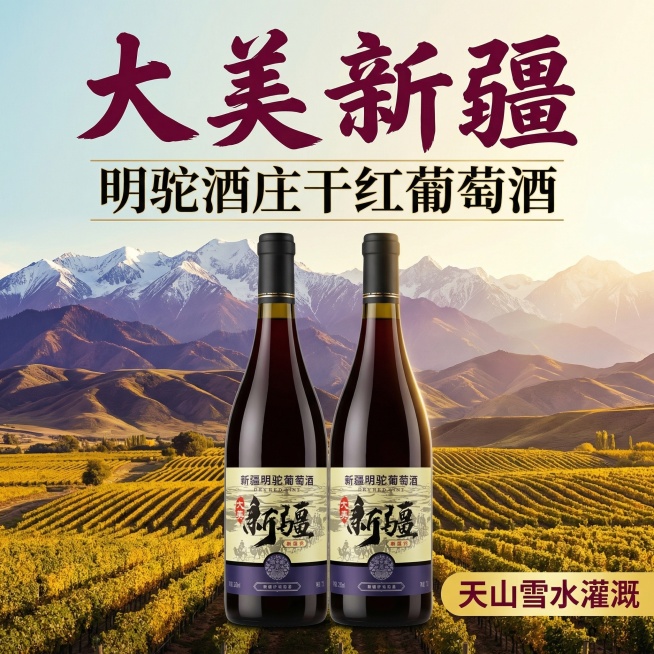 [主图 1] 明驼酒庄大美新疆干红葡萄酒首图，双瓶展示，多字体设计
[氛围/风格] 新颖高端，色彩丰富，新疆天山产地氛围感，新颖设计感强
[画面元素] 两瓶干红葡萄酒错位并排居中展示，保持产品外观与原预览效果