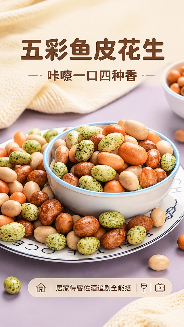 [第1屏] 天雨彩豆多彩混合鱼皮花生详情页头图，场景氛围型头图，本屏使用【图1】作为商品主体。
[氛围/风格] 温馨治愈零食风，浅紫浅米色搭配，高级干净的商业美食摄影质感，突出食欲感
[元素布局] 混合鱼皮花生盛放在碗中作为主体，占屏约65%-70%，背景搭配米色针织布和浅紫色桌面，前景散落几颗花生增加层次；产品形状、颜色、混合比例与输入产品图保持一致。
[光影质感] 顶部柔光照射，花生表面保留自然高光，碗底形成柔和投影，整体光影通透清晰
[配色色系] 全局底色 #F5F0E6，主色保留产品本身多彩花生色系，辅助色浅紫桌面、米色背景
[视角构图] 45度斜俯视视角，产品为绝对视觉中心，阅读动线从上到下
[文字版式] 版式为顶部标题区 + 中部产品展示。圆角黑体字，字色深棕，仅使用一种字色纯色字效。主标题"五彩鱼皮花生"，副标题"咔嚓一口四种香"，短营销短句"居家待客佐酒追剧全能搭"放在底部信息条；文字不遮挡产品主体，大小适合手机阅读。
[比例分辨率] 9:16竖版比例，宽度1080像素，高度1920像素，4K分辨率，文字清晰可辨，高清画质
[负向提示词] 产品变形，颜色偏差，文字错乱，文字过小，水印，背景杂乱，缺件错件