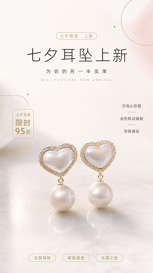 以上传的商品图为唯一商品主体来源，重制为 9:16 竖版七夕上新海报，写实商业摄影，轻奢极简，高清细腻。

【产品保真】100% 还原上传商品图中的耳饰：一对心形耳坠（女士款），心形面为浅香槟贝母/珍珠质感，边缘环绕密集小珍珠与金色珠边镶嵌，下方垂坠一颗圆形珍珠，金色耳钩结构；完整保留心形轮廓、比例、镶嵌结构、珍珠大小关系、金属颜色与成对形态。产品外观比例自然，部件完整准确，材质真实。

【场景与光影】浅白至极浅暖米色微渐变背景，纯净无杂物；承托面为浅白哑光石材台面，带柔和倒影；顶部侧前方大柔光箱质感，柔和高光与细腻渐变阴影，贝母与珍珠通透光泽可见，金色金属细腻镜面反射；背景极轻虚化。

【构图】耳饰一对位于画面中部偏下，占画面高度约30%，成对并置、微微前后错落，不贴底，四周留足安全边距；画面上部与中部均预留干净留白承载文字，文字与产品互不遮挡。

【配色】浅白、米白主色约占80%，香槟金细线条点缀约占15%，极少量淡雾粉营造七夕氛围；低饱和度，高级克制。

【版式与文字】画面为居中轴对称的轻奢排版，从上到下分层：
1）画面顶部中央一枚极细金色描边小胶囊标签，文字「七夕限定 · 上新」；
2）上部主标题「七夕耳坠上新」，深棕灰色细字重无衬线简体中文，字号最大，字距略宽，居中；
3）主标题下方副标题「为你的另一半买单」，同色系小号字，字距宽松，居中；
4）副标题下方一行极小号英文大写字母「QIXI FESTIVAL NEW ARRIVAL」，浅棕金灰，字距宽；
5）画面右侧中部靠近产品处竖排三行卖点小字「贝母心形面」「金色珠边镶嵌」「珍珠垂坠」，字号小、行距均匀，配极细金色短横线分隔；
6）画面左侧中部一枚金色细边框圆角标签，文字「限时 95 折」，字号醒目，上方一行极小字「七夕专享」；
7）画面底部居中横排三枚金色细边框胶囊标签，文字分别为「女款耳饰」「精致通透」「礼赠之选」。
所有中文为规范简体字，笔画完整、不变形、不扭曲、不错字、不重影、不粘连，边缘锐利，与背景对比清晰可读；数字「95」清晰准确。除上述文字外，画面不出现任何其他文字、水印、logo 或伪文字。

【装饰】右上角与左侧各一处极细金色线条（细圆环与短直线组合），几颗极小金色星点，克制不抢主体。

【氛围与画质】干净简约、低饱和、轻奢高级、淡淡七夕浪漫，无繁杂元素，留白充足，商业摄影质感，8K 超高清，电商主图级品质。