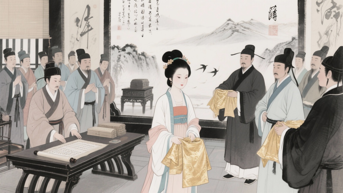 各地使者向薛涛赠送金帛的场景，薛涛收纳后交给幕府官员 保持之前统一风格预览效果