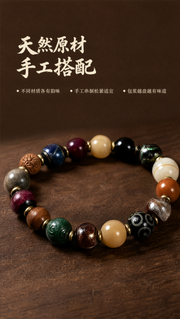 [第3屏] 本屏功能定义：多宝串珠文玩手串材质细节微距特写。[氛围/风格]简约新中式，微距质感，禅意高级。[元素布局]对手串中的不同材质珠子做微距特写，保留各珠子原有颜色和纹理：蓝色缠丝琉璃、绿色回纹预览效果