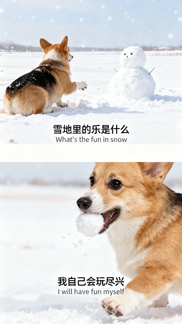 实景感与卡通感交融，拟人风萌犬雪中嬉戏，光影柔和，粒子飘雪点缀，营造清新温馨的冬日趣味场景。