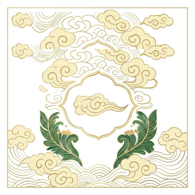 将背景改为纯白色底，保留国潮祥云图案和金色线条描边，风格保持和原图一致，国潮对称传统祥云水波纹插画，正方形，4k超清预览效果