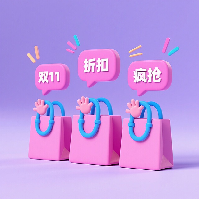 软3D风购物袋拟人化设计，粉色系搭配蓝色手柄，萌趣手势与对话框营造可爱梦幻感，突出双11促销氛围。
