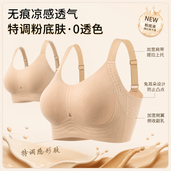[单张主图] 无痕凉感透气粉底肤色隐形文胸 · 高级氛围感+卖点标注融合路线 · 承担点击、理解、信任、转化四任务。
[参考比对] 参考图1为高级静物+卖点标注风格：米白柔光背景，产品居中偏右，左侧大预览效果