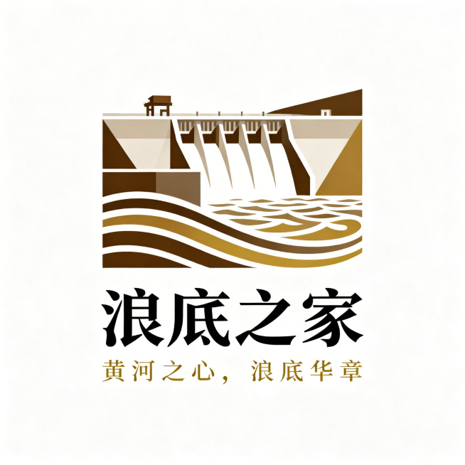 济源小浪底主题logo，名为'浪底之家'。主标题'浪底之家'使用宋体字体，端正稳重；副标题'黄河之心，浪底华章'使用小金瘦体，纤细雅致。整体设计极简大气，融入黄河水浪与水利枢纽的抽象几何元素，配色沉稳预览效果