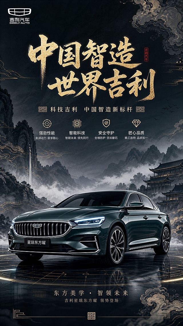 1080×1920竖版商业海报，新中式国风与现代科技感融合风格，克制高级配色，深青、墨黑、银灰为主调，鎏金少量点缀。吉利汽车整车为绝对视觉重心，位于画面中下部，金属漆面质感强烈，车灯光效锐利，车身线条完整清晰，科技光影真实精致。背景为远山、水墨云雾、中式建筑剪影、云纹等国风元素，仅作氛围烘托不抢主体。上部为标题区，主标题采用国风书法字体，大气醒目，副标题突出国产智造、性能、科技等卖点，标题全部避开车头和车身。边角放置品牌LOGO，辅以少量印章、回纹装饰。整体主次分明，远看清晰可读，高级商业质感。