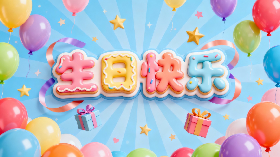 想做生日快乐的海报，色彩缤纷，气氛欢快，比例16:9，帮我写一些文字描述，10个方向，并分别生成图片预览效果