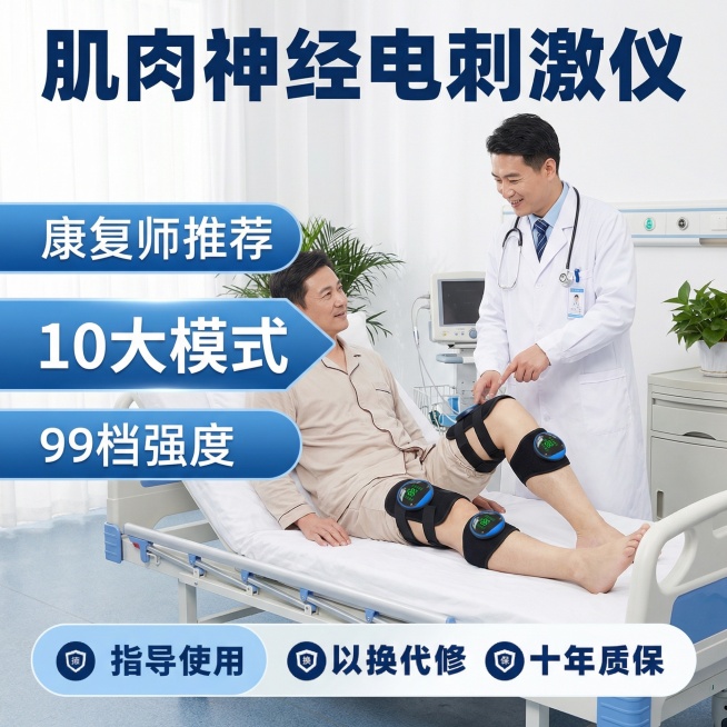 医院康复中心病房场景，模特半躺在床上使用肌肉神经电刺激仪，医生在旁讲解，突出“10大模式”卖点，画面顶部用醒目字体写“肌肉神经电刺激仪”，侧边标注“康复师推荐、99档强度”，底部放置“指导使用、以换代预览效果