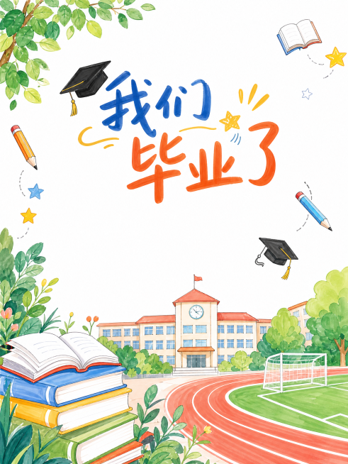 六年级成长纪念册封面，主题"我们毕业了"，纯白色背景，白底手绘马克笔风格，简约清新，包含毕业帽、书本、校园元素预览效果