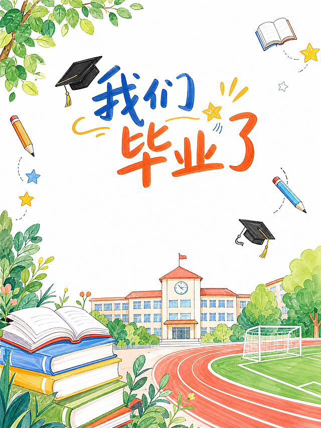 六年级成长纪念册封面，主题"我们毕业了"，纯白色背景，白底手绘马克笔风格，简约清新，包含毕业帽、书本、校园元素