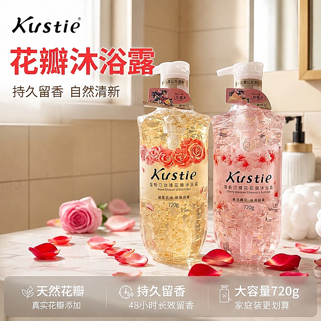 「图片1」，平台审核容易通过（6张），，卖点是花瓣沐浴露，持久留香，适配拼多多平台，主图比例为1:1