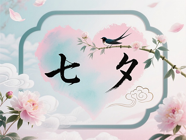 梦幻中式插画风，水墨晕染背景，大字“七夕”突出，花鸟点缀，浪漫节日氛围。