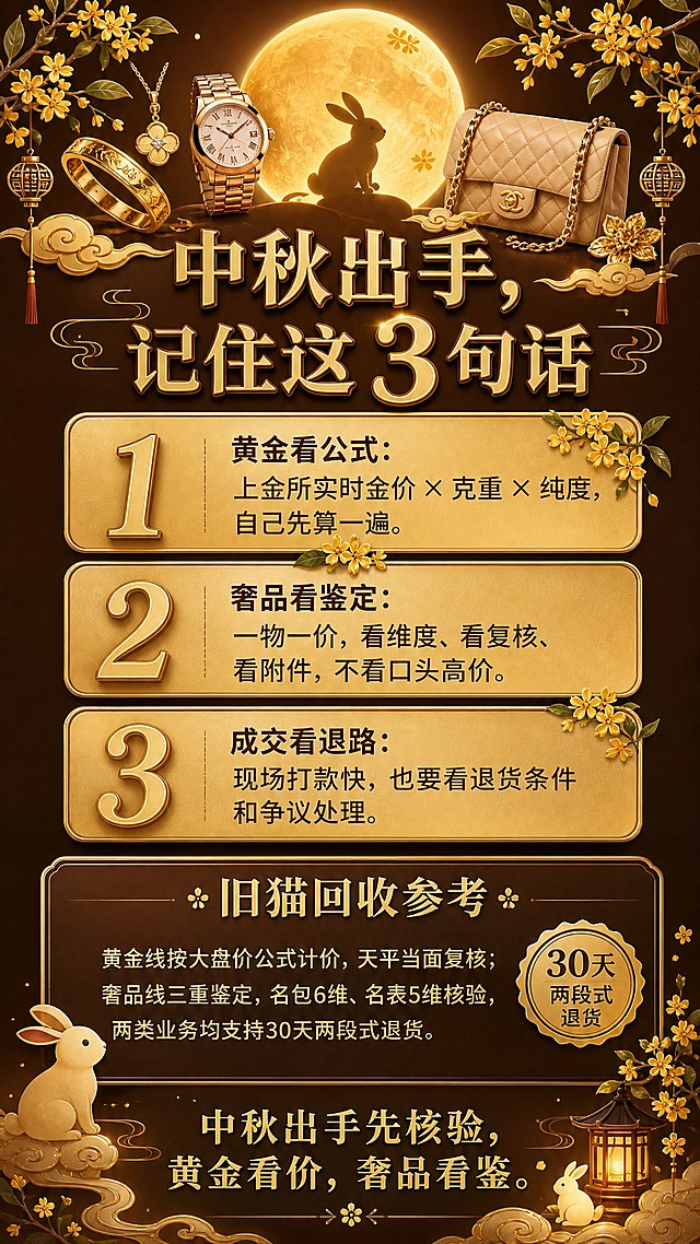 轻奢卡片风竖版海报，中秋主题收尾页。主色调暖金色、米棕色、深咖色。画面顶部和底部有精美的中秋元素装饰：黄金首饰、名表、名包围绕着一轮大暖金圆月，桂花枝桠飘逸，祥云漂浮，玉兔剪影可爱，宫灯小纹样点缀。主标题"中秋出手，记住这 3 句话"，金色描边大字体，位于画面中上部。主体是3条核心金句，竖向排列，每条前有大号金色数字序号："1️⃣ 黄金看公式：上金所实时金价 × 克重 × 纯度，自己先算一遍。""2️⃣ 奢品看鉴定：一物一价，看维度、看复核、看附件，不看口头高价。""3️⃣ 成交看退路：现场打款快，也要看退货条件和争议处理。"每条金句用金色圆角卡片承载，卡片间有桂花小装饰。下方有一个稍大的总结卡片，标题"旧猫回收参考"，金色字体，内容为"黄金线按大盘价公式计价，天平当面复核；奢品线三重鉴定，名包6维、名表5维核验，两类业务均支持30天两段式退货。"底部再次出现口号"中秋出手先核验，黄金看价，奢品看鉴。"整体氛围温暖高级，收束感强，版式精美，信息完整。