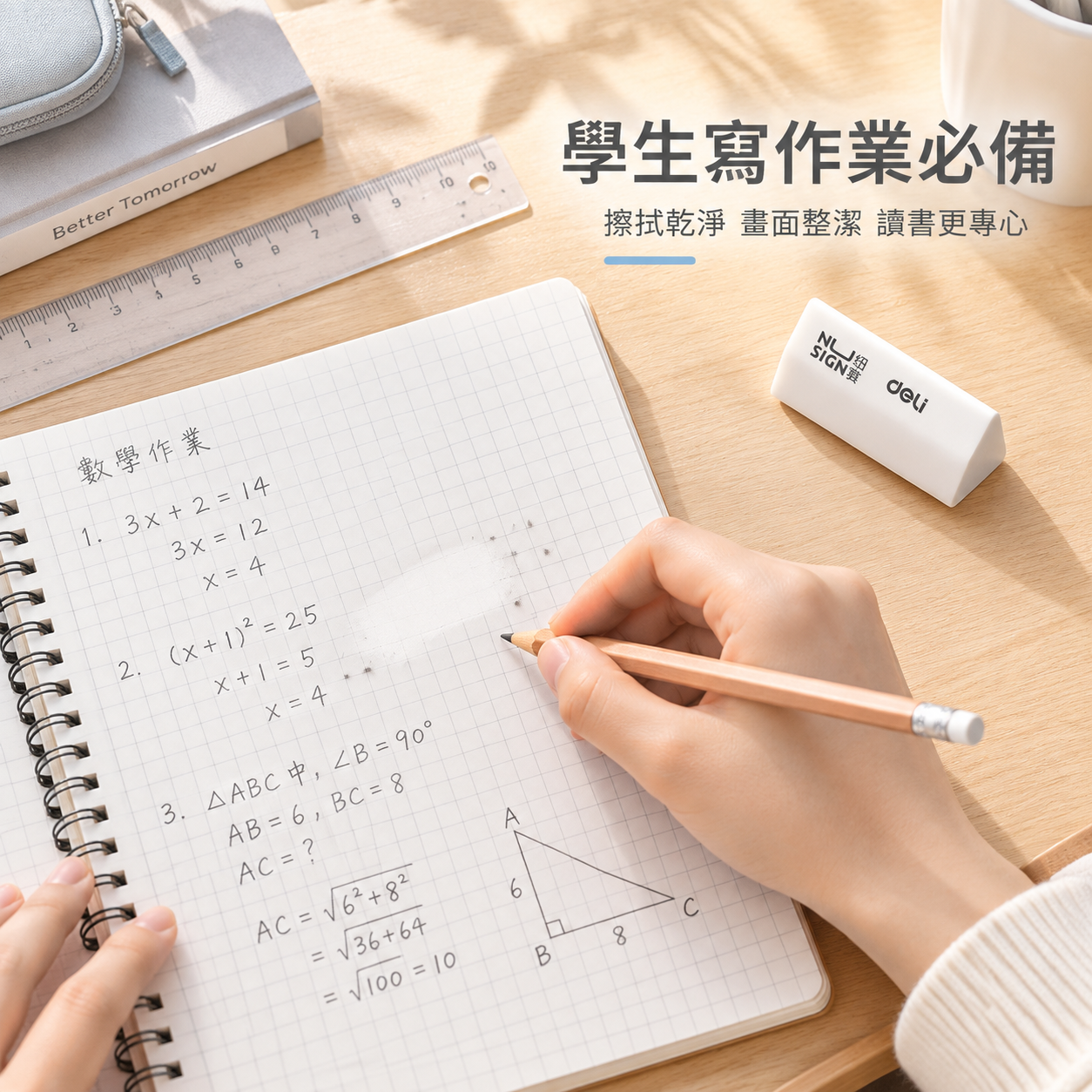 [主图-5] 使用场景图，展示学生在书桌前用橡皮擦写作业的真实… - 图片创意预览