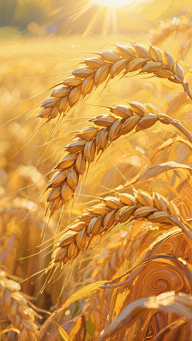 金黄色小麦麦穗，颗粒饱满的麦穗低垂，麦芒细长，金色阳光从上方洒落，温暖明亮的光线照亮麦穗，背景虚化的金色麦田，整体色调为金黄色和暖橙色，采用梵高风格，浓烈的色彩，厚重的笔触，旋转扭曲的线条，表现出丰收的喜悦和自然的生命力，画面充满动感和情感张力，细节丰富，质感强烈。