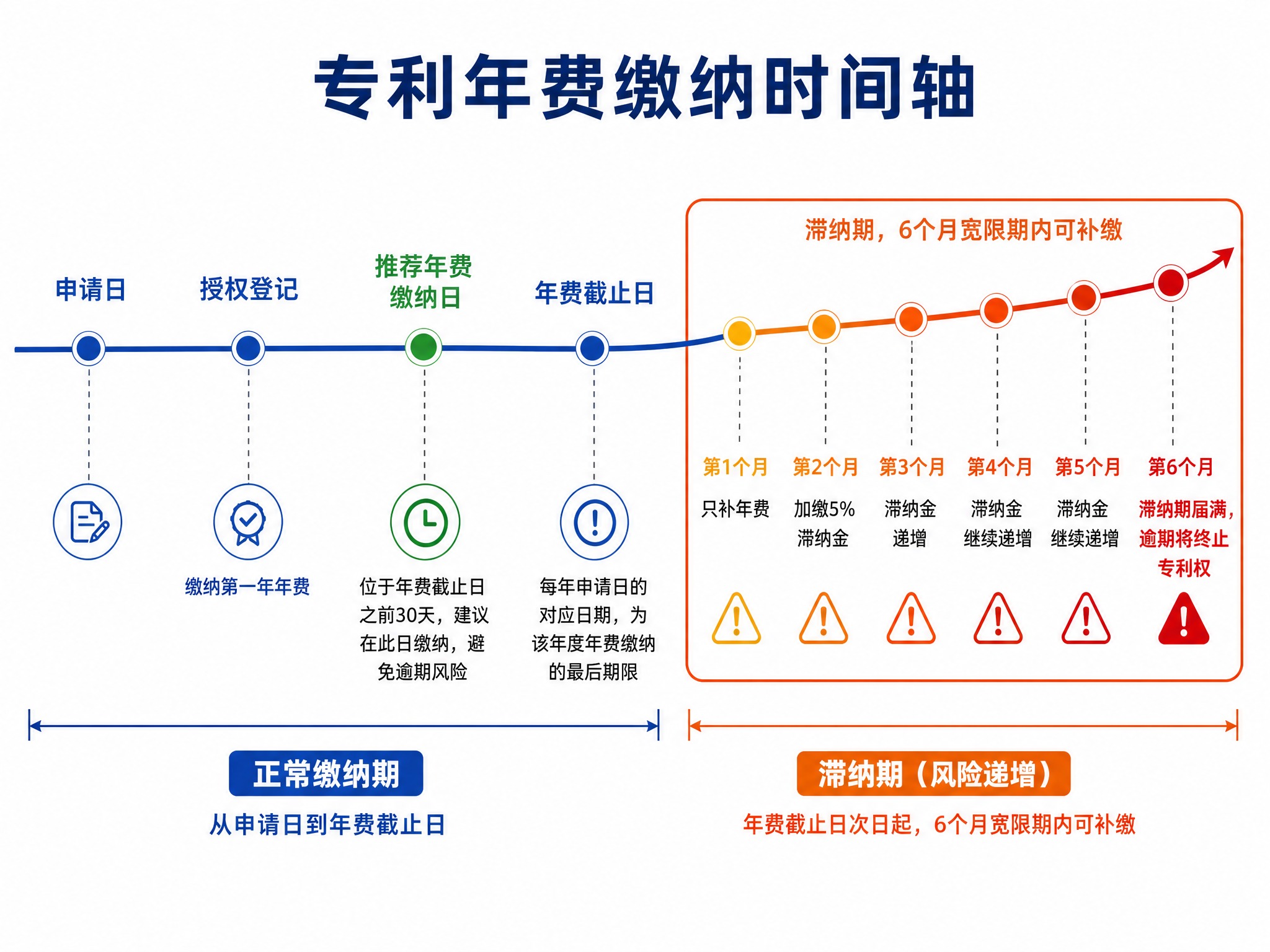 一张4:3横版比例的专利年费缴纳时间轴信息图，简洁商务风格，蓝… - 图片创意预览