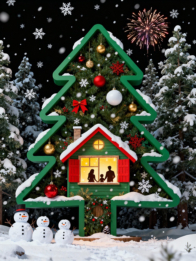 雪天的森林里有一个圣诞树形状的小木屋，屋内透着暖黄的光，窗户上透出快乐的一家三口的剪影，屋外正在下雪，近处有三个雪人，远处有烟花。有特写的雪花装点。圣诞氛围。