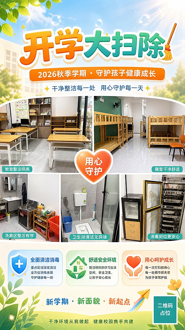 开学大扫除宣传海报，竖版9:16，温馨明亮的教育机构风格。画面上方居中大标题"开学大扫除"，副标题"2026秋季学期 · 守护孩子健康成长"。画面中部展示干净整洁的教室、寝室、卫生间等场景拼贴，体现全面清洁消毒的氛围。下方三个卖点图标加文字："全面清洁消毒"、"舒适安全环境"、"用心呵护成长"。底部装饰语"新学期 · 新面貌 · 新起点"。整体配色以温暖的橙黄色和清新的蓝绿色为主，干净明亮，充满阳光和希望的感觉。版式精美，层次分明，留白舒适。画面中所有二维码区域使用纯色方块占位符呈现，方块中央标注"二维码占位"文字，严禁生成任何可识别的二维码图案。画面中所有信息区域必须填充完整合理的内容，不得出现空白框、空白占位、横线待填写区域、空列表项、空单元格，确保是完整可用的成品海报而非待填写模板。