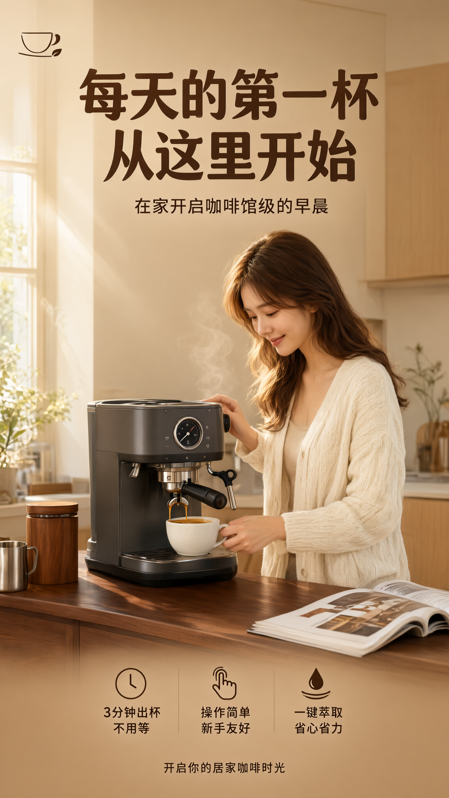 电商详情页第五张，咖啡机使用场景与生活方式页。 [氛围/风格]… - 图片创意预览