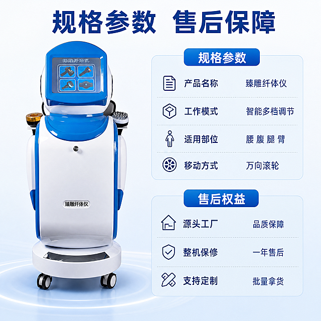 [主图-5] 臻雕纤体仪规格与售后权益收口页。[氛围风格] 清晰规范，专业可信。[画质] 商业摄影质感、光线柔和通透、产品清晰真实、画面干净高级。[元素] 保持臻雕纤体仪产品外观与输入产品图绝对一致，左侧放置整机产品，右侧分区域展示规格参数和售后权益。产品占比约40%，信息区域占比合理，布局整齐不拥挤。[光影] 整体均匀布光，产品和信息都清晰展示，层次分明。[配色] 延续蓝白主色调，信息卡片浅蓝底，文字深蓝，清晰对比。[视角构图] 左右均衡构图，产品+信息分区明确，干净清爽。[文字版式] 顶部标题"规格参数 售后保障"，参数区标注：「产品名称」臻雕纤体仪 「工作模式」智能多档调节 「适用部位」腰 腹 腿 臂 「移动方式」万向滚轮；售后区标注：「源头工厂」品质保障 「整机保修」一年售后 「支持定制」批量拿货，文字排版整齐，每个项目清晰对齐，不遮挡产品，全部文字清晰可读。[比例分辨率] 1:1 比例，2048px宽度，2048px高度，4k 分辨率；文字清晰锐利，画面超高清。[负向提示词] 变形，水印，文字错乱，产品图模糊，信息错误，排版杂乱