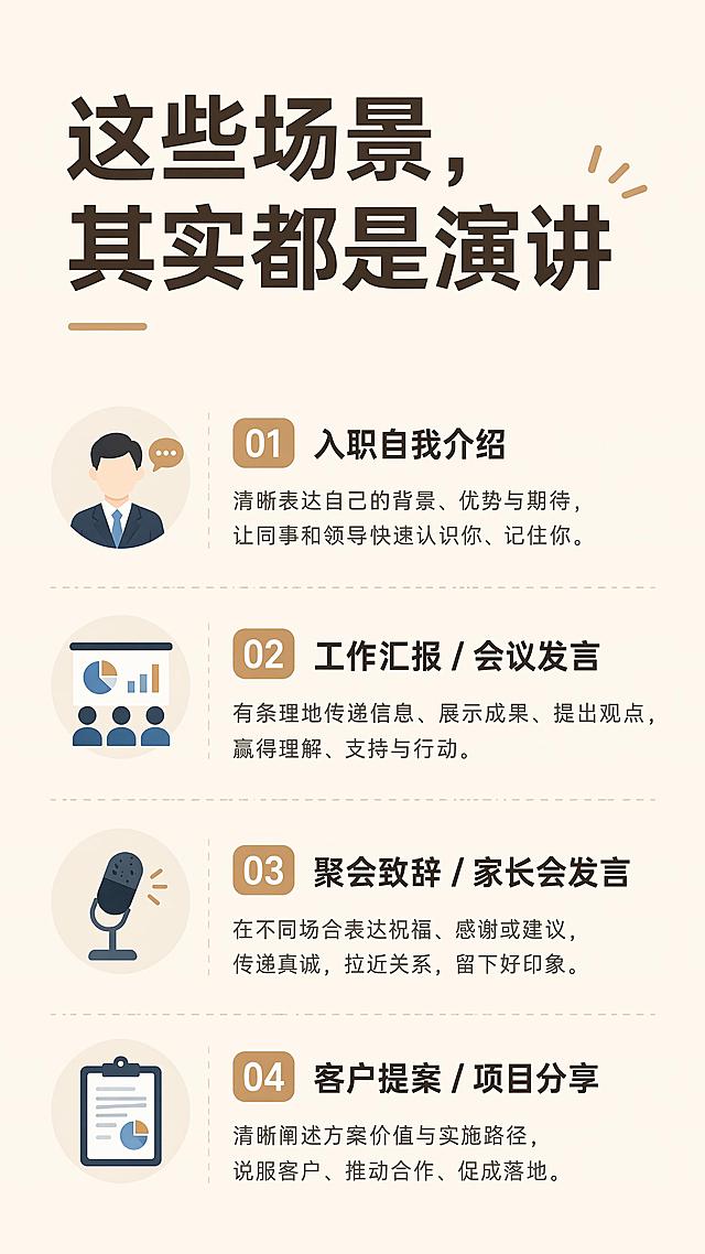 设计图文内页，底色为浅米白，主标题“这些场景，其实都是演讲”，正文分四点内容：▫️ 入职自我介绍 ▫️ 工作汇报 / 会议发言 ▫️ 聚会致辞 / 家长会发言 ▫️ 客户提案 / 项目分享，文字层级分明，排版简洁清晰