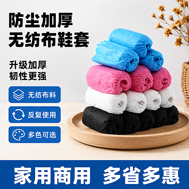 [单张主图] 无纺布鞋套，爆款促销感主图，目标是快速传递产品信息、促进点击转化。[画面主体] 四色无纺布鞋套堆叠在浅原木圆托盘上，包含蓝色、粉色、白色、黑色，保持产品外观、颜色、结构与输入产品图绝对一致，杜绝变形和色差，商品主体占画面60%，位于画面中下部偏右位置。[构图版式] 采用左文右品标签参数型版式，左侧38%区域放置文字信息，右侧产品主体放置在浅木纹台面上。[场景元素] 背景为干净柔和浅灰白色渐变，右侧放置干花装饰枝条作点缀，左侧文字区域分三层：粗黑主标题、核心数字、三个功能卖点卡片，底部用高饱和蓝色通栏放置促销信息。[文案版式] 左上粗黑主标题："防尘加厚无纺布鞋套"，下方核心数字："升级加厚 韧性更强"，三个蓝色圆角卖点卡片竖向排列，分别写：「无纺布料」「反复使用」「多色可选」，底部蓝色通栏写白色大字："家用商用 多省多惠"。[光影质感] 主光来自左前方，柔和均匀的室内自然光，右侧辅光补亮产品暗部，产品下方有自然清晰投影，无纺布材质纹理清晰，光影通透不灰蒙蒙，商业高清摄影质感，画面干净高级。[配色字体] 主色浅灰白，辅助色提取产品蓝色，强调色深蓝色促销底块；字体为粗黑无衬线，主标题字号最大，核心数字次之，卖点文字最小，对比强烈清晰。[比例分辨率] 1:1 比例，2048x2048像素，文字清晰锐利，超高清。[负向提示词] 变形，水印，错字，文字错乱，产品图模糊，背景杂乱，主体遮挡，颜色偏差，结构错误。