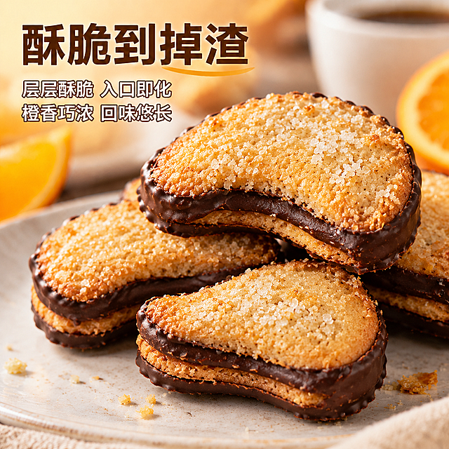 修改这张微距饼干主图，将饼干的形态和质感替换为参考图image2中的真实样式：饼干为半月形/弯月形，不是完整圆形；饼干体是紧实酥脆的黄油饼干质地，表面撒有白色粗砂糖颗粒，颜色为金黄焦糖色，边缘烤得较深；底部和边缘覆盖深棕色黑巧克力涂层，巧克力层较薄且边缘不规则；饼干是双层夹心结构，中间夹有一层黑巧克力；整体口感呈现酥脆紧实的状态，不能是松软多孔的蛋糕质感。保留原图的构图、文字、背景虚化氛围和光影方向，只替换饼干本身的形态、结构和质感，使其与image2中的Kambly Orange Intense饼干完全一致。