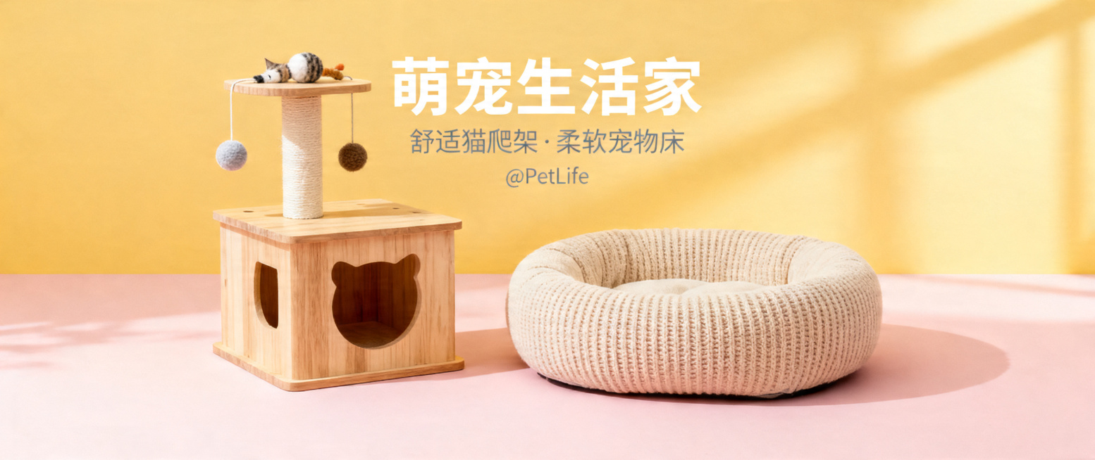 一张横版宠物用品海报，ins风简约设计，展示宠物猫爬架和宠物床，质感柔和，配色温暖高级，适合社交媒体推广预览效果