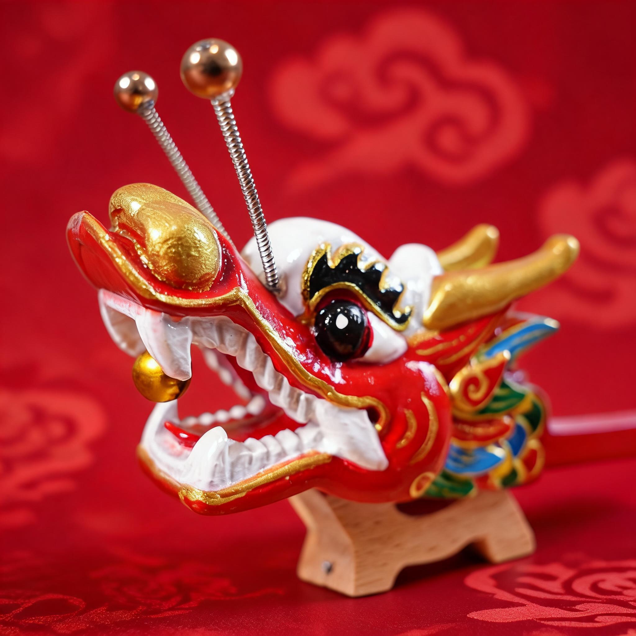 将图中的龙头文创摆件特写保留，完全替换背景为虚化的中式传统纹样… - 图片创意预览