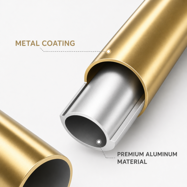 参考图1和图2的风格，制作一张类似的金属管材分层结构图，展示Premium Aluminum Material和Metal Coating两层结构，整体为金色和银色金属质感，保持简洁电商展示风格，但结预览效果