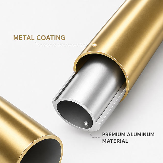 参考图1和图2的风格，制作一张类似的金属管材分层结构图，展示Premium Aluminum Material和Metal Coating两层结构，整体为金色和银色金属质感，保持简洁电商展示风格，但结构和布局不能和原图1、图2完全一样