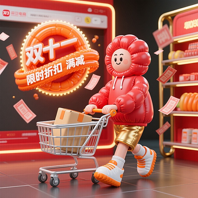 画面中有代表购物的卡通元素，如购物车、优惠券、包裹，还有可爱的拟人化电商平台形象（或卡通购物小人），它们围绕着 “双十一” 相关的促销标识互动。设定在热闹的线上电商界面或线下商场场景，背景有闪烁的促销灯光、满是商品的货架或代表网络的科技感元素，营造出双十一购物狂欢的氛围。风格3D 卡通渲染风格，画面活泼、富有活力，结合电商促销的热闹感与卡通的可爱感。色彩以红色、金色、橙色等喜庆、醒目的色调为主，搭配白色等亮色，体现双十一促销的热烈氛围。构图视角：采用平视视角，将核心促销元素与购物卡通元素置于画面中心。细节补充：有飞舞的优惠券、闪烁的 “限时折扣”“满减” 等文字光效，商品和购物元素带有动态感，仿佛在欢快地参与购物狂欢。