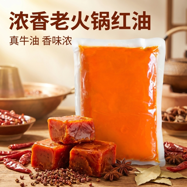 [主图 1] 浓香老火锅红油食欲感首图。[氛围风格] 棕色浓郁食欲风格，真实川味火锅场景，专业品质感。[画质] 商业摄影质感、光线柔和通透、产品清晰真实、画面干净高级。[元素] 真空包装的浓香老火锅红预览效果