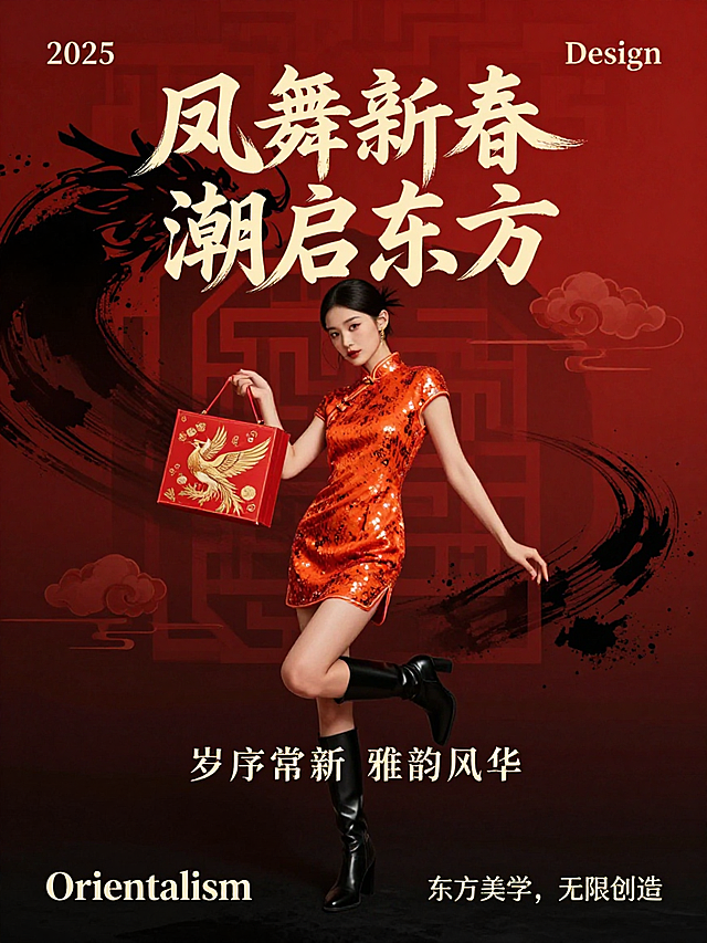 2025新年东方美学海报，灵动东方少女，身着橘红亮片短款旗袍+黑色长靴，单肩挎红金刺绣礼盒（饰凤凰纹样），背景红黑撞色渐变+几何祥云，上方标“2025”“Design”，底部标“Orientalism”“东方美学，无限创造”，轻奢商业风，动态抓拍，细节锐利，8K画质，比例3：4