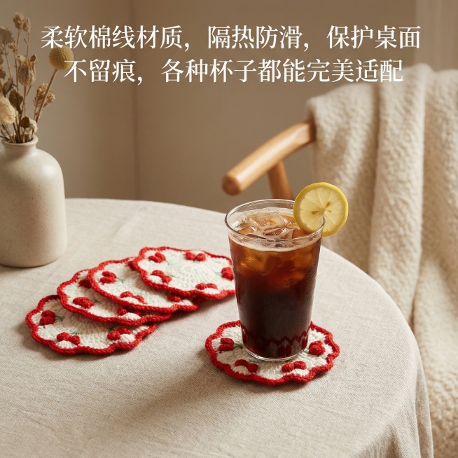 这是一款纯手工钩织的杯垫，换个背景，要家居类的，要高级一点，温馨一点，简约一点，重点突出杯垫，添加【柔软棉线材质，隔热防滑，保护桌面不留痕，各种杯子都能完美适配】文字，要符合逻辑，第一眼要先看到杯子，预览效果