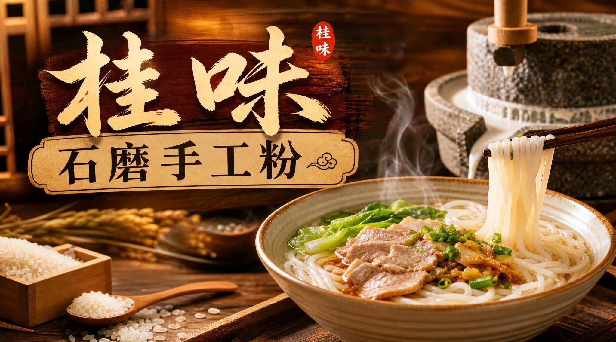 早餐店店招设计，店名"桂味石磨手工粉"，真实写真风格，画面展示… - 图片创意预览