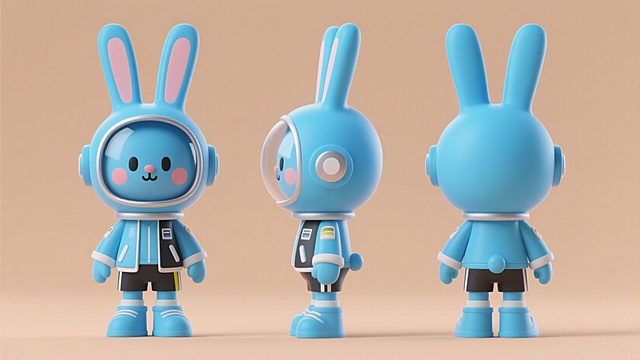 软3D风卡通兔子宇航员，拟人化设计融合科技感与未来感，蓝色调搭配简洁线条，萌趣可爱，适合节日IP形象。