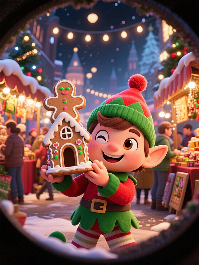 POV 视角，广角鱼眼效果，带圆形暗角镜头感。圣诞小精灵举着姜饼屋模型，整张脸向鱼眼镜头贴近，向镜头内眨眼。背景是亮着暖灯的圣诞市集场景。