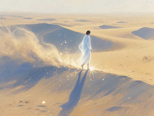 广袤无垠的沙漠中，一位孤独的人物正缓缓行走，身后拖着长长的影子。狂风卷起的沙暴在人物身旁凝聚成半透明的灵体形态，如同忠诚的伙伴般随行。整体画面空灵静谧，虽显孤独却蕴含着温暖的慰藉感，光线柔和，色调以沙漠的金黄与灵体的淡蓝交织，营造出神秘而治愈的氛围，细节丰富，笔触细腻，达到数位绘画大师级水准