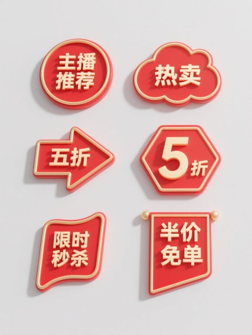 一套6个规整排布的3D风格促销标签素材，保持整体红色为主色调、金色线条勾勒边缘的设计风格，光影呈现出柔和的高光与轻微阴影效果，材质具有光滑的塑料质感与立体感，标签造型样式各异（包含箭头形、圆形、菱形、云朵形、六边形、旗帜形等），每个标签内分别包含不同的促销文字内容（如“主播推荐”“热卖”“五折”“限时秒杀”“半价”“免单”等），背景为纯色浅灰色，整体设计简洁明快且具有强烈的视觉吸引力，无任何L……预览效果