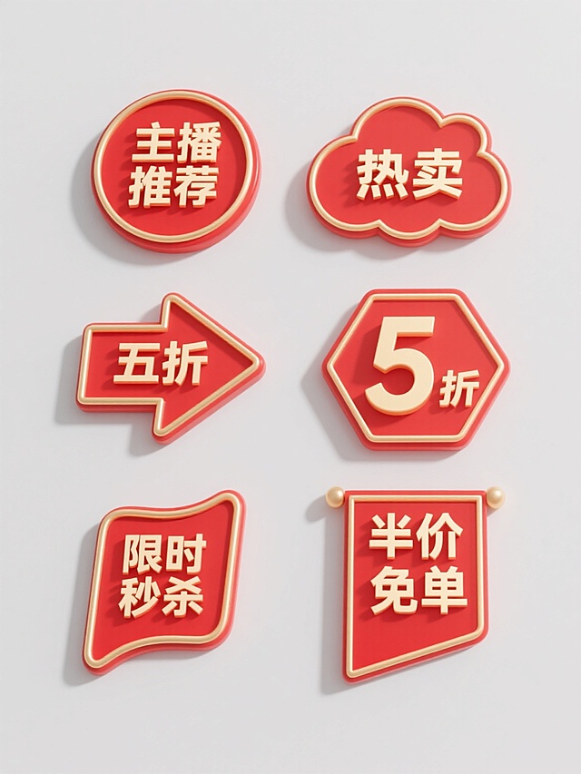 一套6个规整排布的3D风格促销标签素材，保持整体红色为主色调、金色线条勾勒边缘的设计风格，光影呈现出柔和的高光与轻微阴影效果，材质具有光滑的塑料质感与立体感，标签造型样式各异（包含箭头形、圆形、菱形、云朵形、六边形、旗帜形等），每个标签内分别包含不同的促销文字内容（如“主播推荐”“热卖”“五折”“限时秒杀”“半价”“免单”等），背景为纯色浅灰色，整体设计简洁明快且具有强烈的视觉吸引力，无任何LOGO、电话地址及二维码元素。