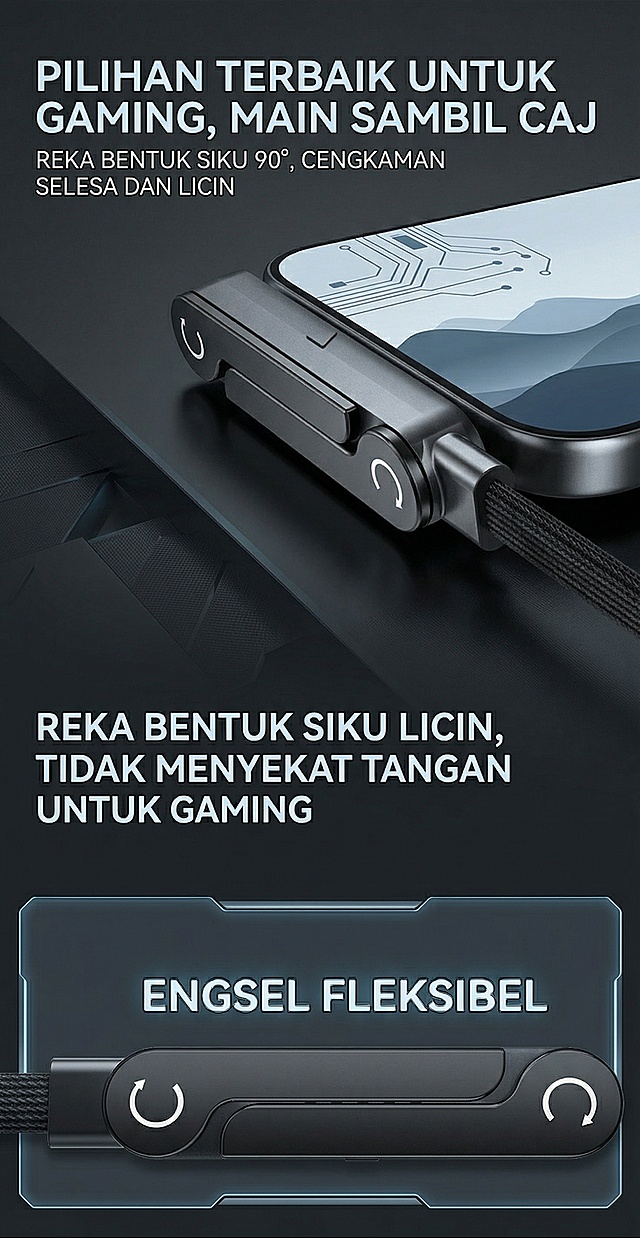 基于原图修改，更换色系风格为干净科技蓝黑灰质感，整体调性改成极简干净、高级质感、低饱和、无杂乱元素，视觉为质感产品图 + 精致对比 + 轻科技感，风格改成高级3c科技风，马来简约高级3c风格，干净高级构图。保留原卖点文案和排版：主标题"游戏好选择 边充边畅玩"，副标题"90°弯头设计 圆润舒适手感"，卖点"圆润弯头设计 游戏不硌手"和"灵活转轴"，文字语言改为马来语言，保持原图比例，不要白底图