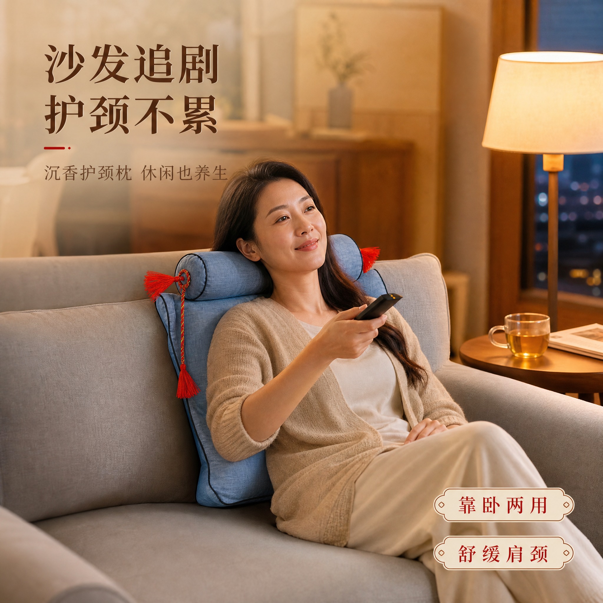 [场景人物-看电视使用] 沉香勾丝料枕头客厅沙发看电视使用场景… - 图片创意预览