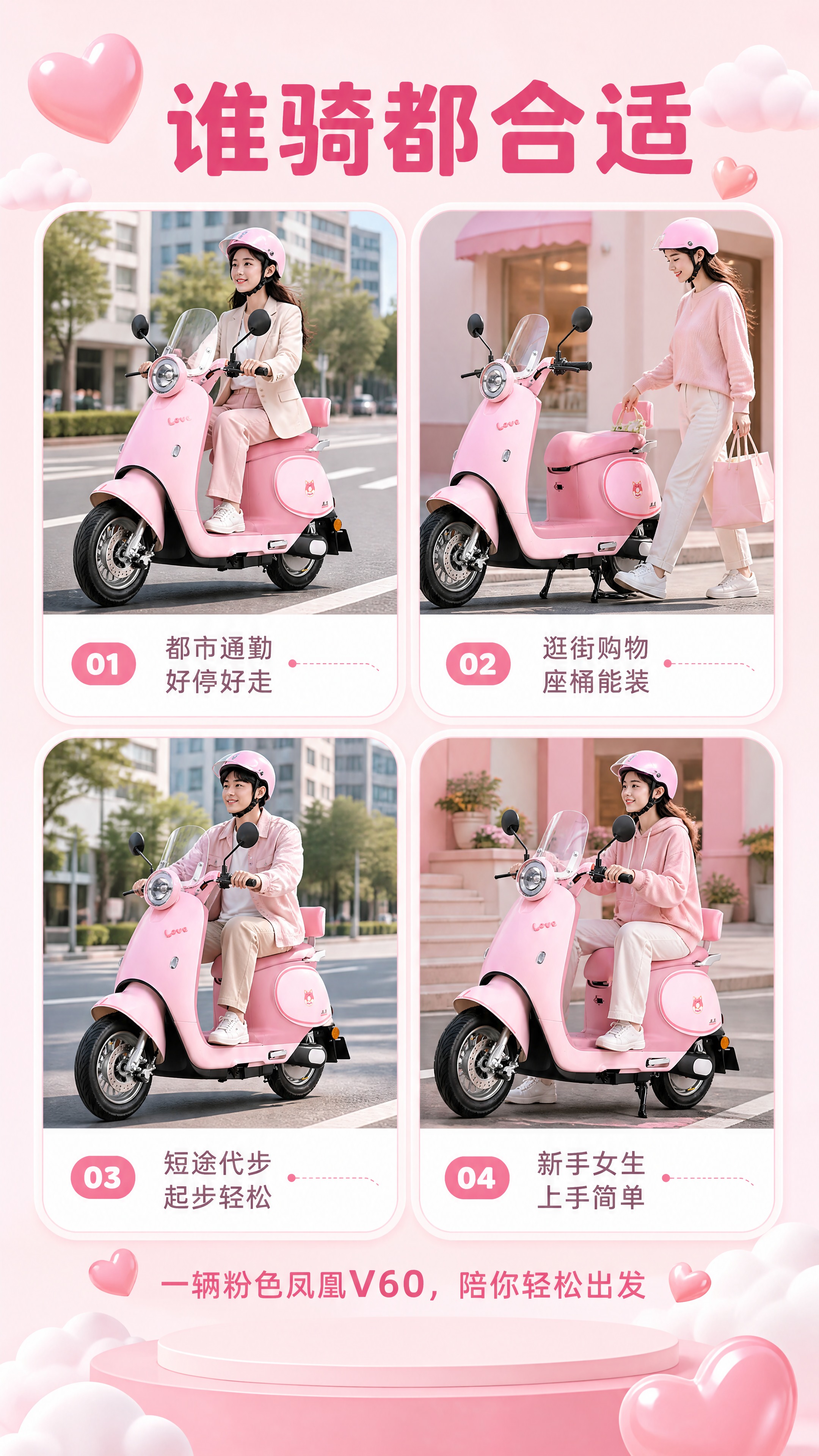 【商品】使用【图1】粉色凤凰V60整车；四张卡片内的人物场景必… - 图片创意预览