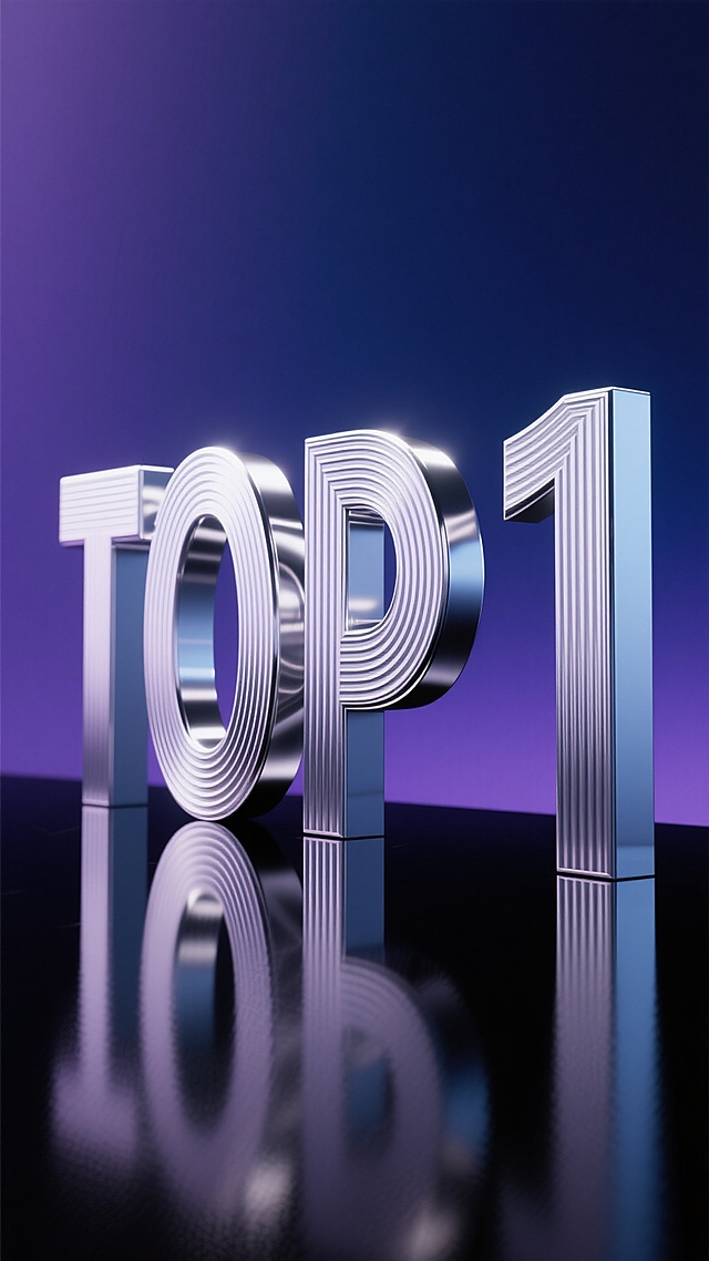 3D渲染的"TOP 1"艺术字，采用亮银色金属材质，表面有细腻的竖条纹肌理，字母"O"为环形中空设计，整体呈现出光滑的金属光泽和强烈的立体感。字母底部在深色渐变背景上投射出清晰的阴影，形成倒影效果。背景改为深邃的蓝紫色渐变，从上到下由深蓝逐渐过渡到深紫，底部为黑色反光平面，营造出神秘而高端的氛围。光线从左上方照射，使字母左侧边缘呈现明亮的高光，右侧则有柔和的阴影过渡，增强整体的空间感和金属质感。