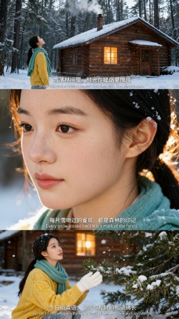 生成三宫格艺术感写真图，横向三宫格，发型保持一致。
上宫格：中景镜头，女生穿黄色马海毛毛衣，薄荷绿围巾松垮搭在肩头，站在森林木屋前的雪地上，仰头看木屋烟囱飘出的烟与落雪交融，神情宁静。添加中英字幕 “预览效果
