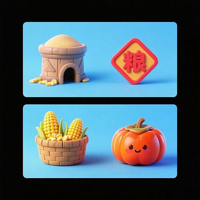 4个中秋素材组合，可爱电商促销感。素材包括：第一个粮仓（贴着带有 “粮” 字的红色菱形福字）；第二个一筐玉米；第三个一筐柿子；第四个南瓜。画面整体呈现鲜艳效果，淡蓝色背景。上下两行，排列整齐